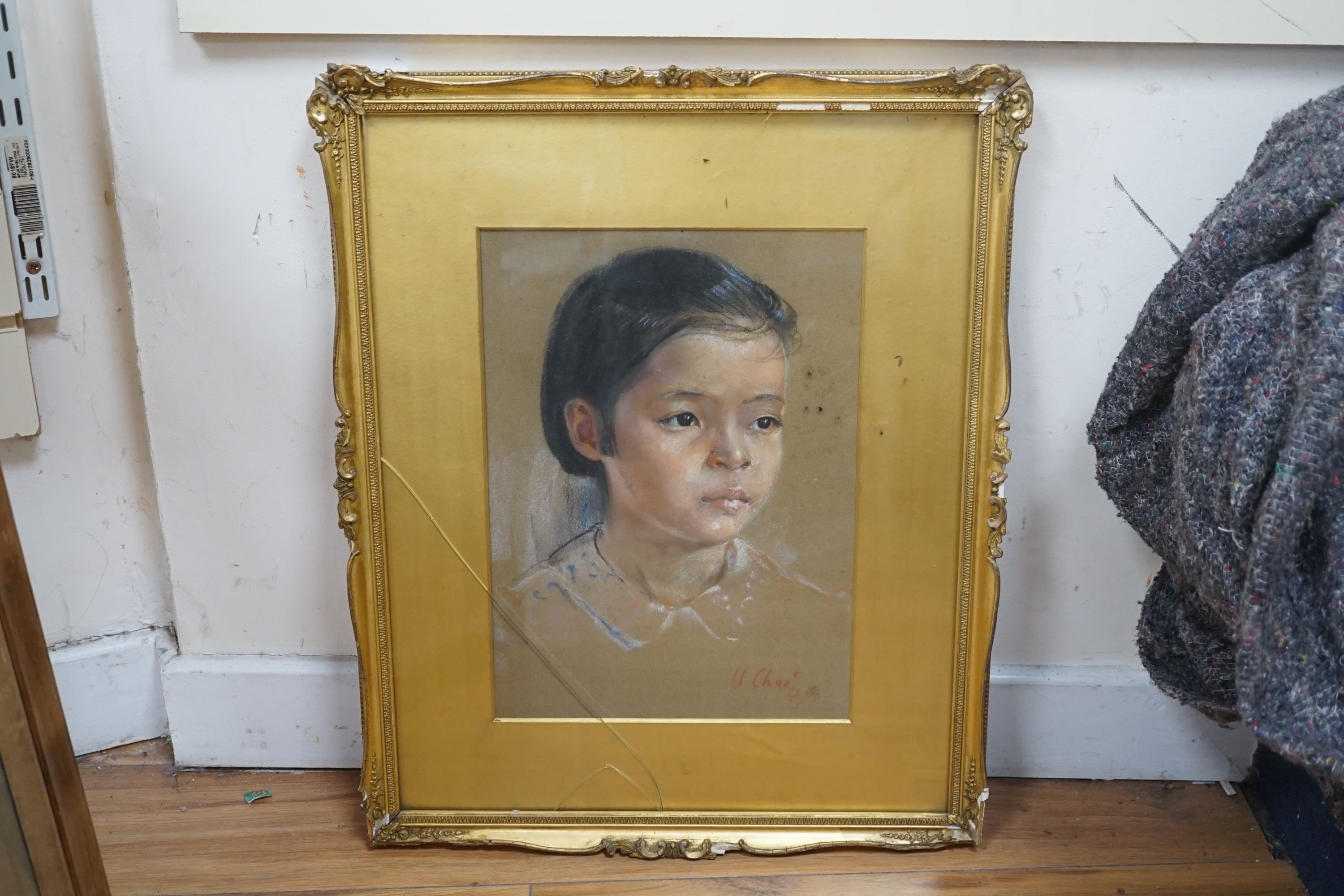 U. Choi, pastel, Portrait of a child, signed and dated '47, 36 x 26cm